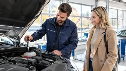 Mechaniker prüft mit einem Messgerät den Frostschutz im Kühlwasser eines Autos
