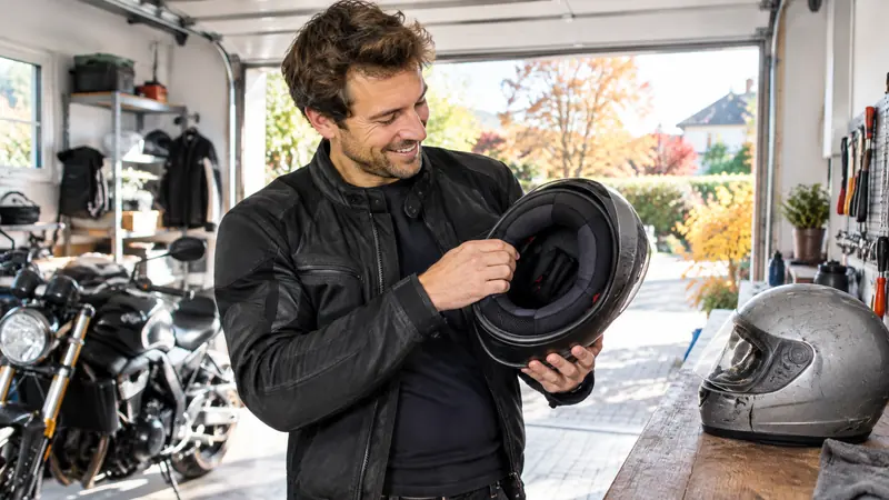 Motorradfahrer prüft das Innenpolster seines Helms, daneben liegt ein alter Helm