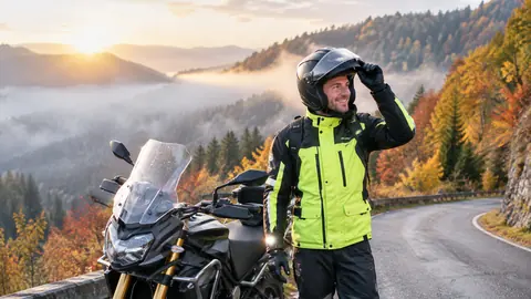 Motorradfahrer öffnet an einem nebligen Herbstmorgen das Visier seines Helms