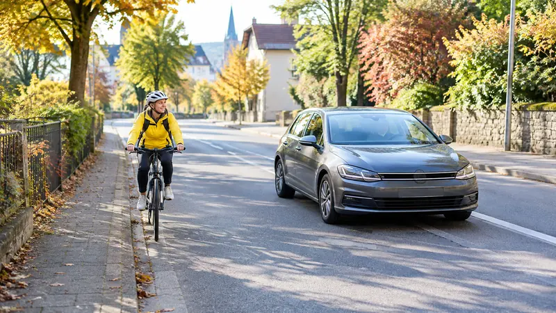 Ein Auto überholt eine Radfahrerin mit großem seitlichem Abstand