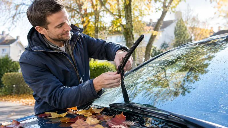 Mann wechselt an einem Herbstmorgen das Scheibenwischerblatt seines Autos